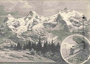 Bild des Verkufers fr Projekt einer Eisenbahn auf die Jungfrau. Ansicht des Bergmassivs mit dem Verlauf der Bahn. Zeigt u.a.: Station Scheidegg 2066 Mtr., Station Eiger 3221 Mtr., Station Jungfrau 4100 Mtr. Rechts unten kleine Ansicht der Bahn. zum Verkauf von Antiquariat Hild