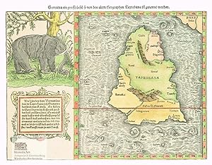 Image du vendeur pour Sumatra ein grosse insel so von den alten Geographen Taprobana ist genennt worden. Farbiger Reprint einer dekorativen Holzschnitt-Karte der Insel Sumatra mit Darstellung eines Elefanten aus der Cosmographie des Sebastian Mnster. Faksimile-Reprint um 1970 mis en vente par historicArt Antiquariat & Kunsthandlung