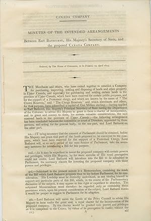 Image du vendeur pour Canada Company, minutes of the intended arrangements between Earl Bathurst, His Majesty's Secretary of State, and the proposed Canada Company mis en vente par Lord Durham Rare Books (IOBA)