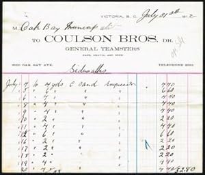 Coulson Brothers, General Teamsters; Commercial; Invoice, Victoria, BC,. 1912