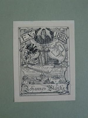 Seller image for Exlibris fr Johannes Blanke. Heraldisches Motiv mit Bchern und kleiner Stadtansicht for sale by Antiquariat Weber