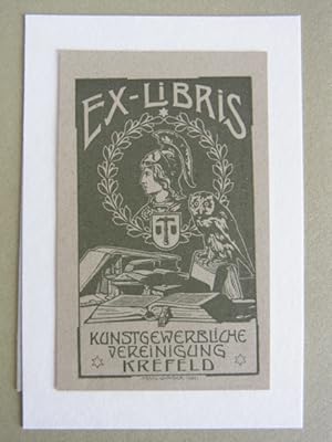 Bild des Verkufers fr Exlibris fr Kunstgewerbliche Vereinigung Krefeld: Motiv: Antiker Krieger, Wappen, Eule und Bcher zum Verkauf von Antiquariat Weber