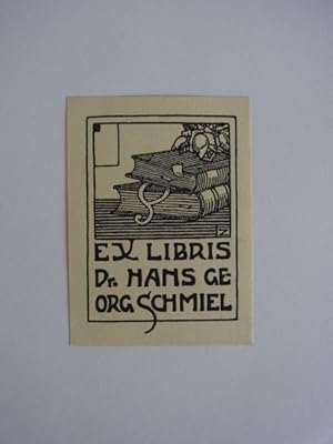 Imagen del vendedor de Exlibris fr Dr. Hans Georg Schmiel. Motiv: Zwei Bcher, auf denen eine Rose liegt, zwischen den Bchern lugt ein Paragraphen-Zeichen heraus a la venta por Antiquariat Weber