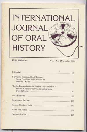 Immagine del venditore per International Journal of Oral History, Volume 1, Number 3 (November 1980) venduto da Cat's Cradle Books