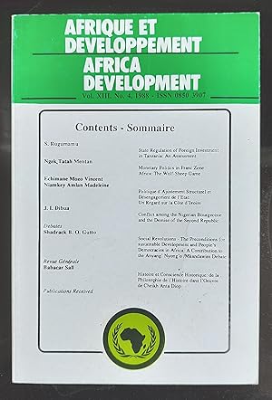 Imagen del vendedor de Afrique Et Developpement Africa Development No.4 1988 / S Rugumamu "State Regulation of Foreign Investment in Tanzania: Sn Assessment" / Ngek Tatah Mentan "Monetary Politics in Franc Zone Africa: The Wolf-Sheep Game" / Echimane Mozo Vincent Niamkey Amlan Madeleine "Politique d'Ajustement Structurel et Disengagement de l'Etat: Un Regard sur la Cote d'Ivorie" / J I Dibua "Conflict among the Nigerian Bourgeoisie and the Demise of the Second Republic" a la venta por Shore Books