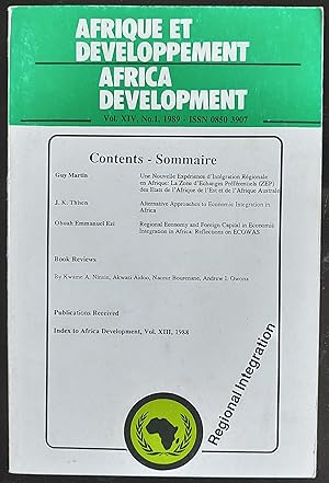Afrique Et Developpement Africa Development Volume XIV No.1 1989 / Guy Martin "Une Nouvelle Exper...