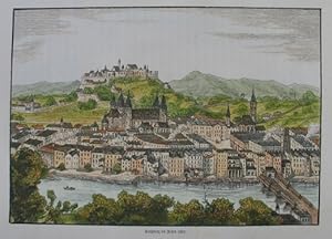 Bild des Verkufers fr Salzburg im Jahre 1553. Kolorierter Holzstich 1889, 13,5 x 19,5 cm zum Verkauf von Antiquariat Johannes Mller