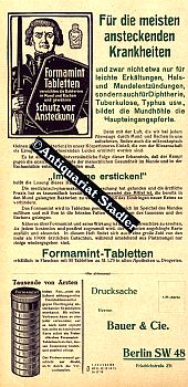 Werbeblatt für Formamint Tabletten. Die Schutzwache gegen die meisten ansteckenden Krankheiten.