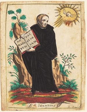 Andachtsbild. - S. Ignatius von Loyola. Altkoloriert, gest. v. G. Donck. um 1720. (12 x 9,4 cm)