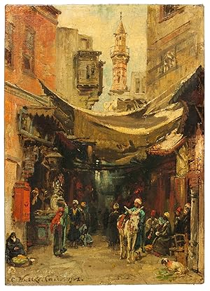 A souk in Cairo.Cairo, 1902. Signed and inscribed "C. Wuttke. Cairo. 1902". Oil on canvas board (...