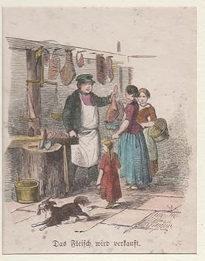 Bild des Verkäufers für Orig. kolorierter Holzstich - Metzger - Das Fleisch wird verkauft zum Verkauf von Allgäuer Online Antiquariat