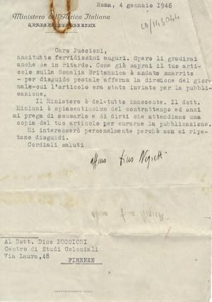 Immagine del venditore per Articolo dattiloscritto, sulla permanenza degli Italiani in Somalia Britannica (agosto 1940 - marzo 1941). 6 fogli dattiloscritti al recto. Con alcune correzioni manoscritte autografe. Si tratta d'un articolo steso nel 1945, come risulta da una lettera - che alleghiamo - datata 4 gennaio 1946, nella quale il Ministero dell'Africa Italiana, a firma Negretti, richiede al Puccioni l'articolo in questione, per curarne la pubblicazione. venduto da Libreria Oreste Gozzini snc