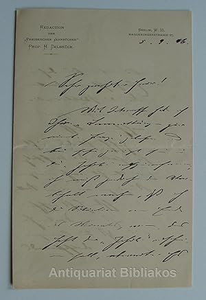 Bild des Verkufers fr Ein eigenhndig (Briefkopf: Redaction der "Preussischen Jahrbcher" Prof. H. Delbrck) mit Tinte geschriebener zweieinhalbseitiger Brief 8 (Berlin, 5. September 1896) mit Unterschrift an Berthold Molden. Aus dem Inhalt: Delbrck will Moldens' "Bemerkungen zur orient. Frage" in den Jahrbchern "unter Vorbehalt" abdrucken, da "bis dahin Ereignisse eintreten [knnten], die eine Publication nicht mehr opportun erscheinen lassen." zum Verkauf von Antiquariat Bibliakos / Dr. Ulf Kruse