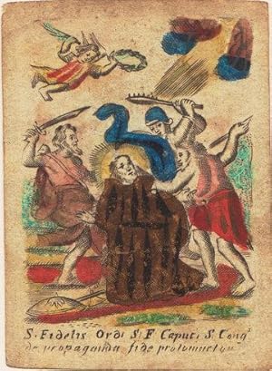 Andachtsbild / Heiligenbild. - S. Fidelis. Altkolor. Kupferstich, um 1700. (9,7 x 7 cm)