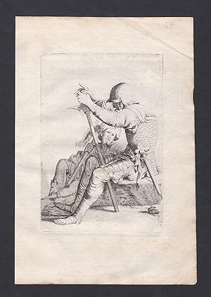 Bild des Verkufers fr Seltene Original Radierung von zwei Soldaten mit ihren Waffen auf einem Felsen sitzend - zum Verkauf von Antiquariat Steffen Vlkel GmbH