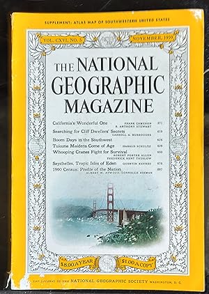 Bild des Verkufers fr The National Geographic Magazine November 1959 / Cameron and Stewart, California's wonderful one. Burroughs, Searching for cliff dwellers' secrets. Boom days in the Southwest. Schultz, Tukuna maidens come of age. Allen and Truslow, Whooping cranes fight for survival. Keynes, Seychelles, tropic isles of Eden. Atwood and Aikman, 1960 census: profile of the nation zum Verkauf von Shore Books