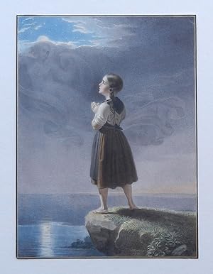 Mädchen stehend am Klippenrand zu einer feenhaften Himmelserscheinung andachtsvoll betend. Aquare...