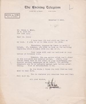 TYPED LETTER TO IMPRESARIO JAMES POND ABOUT A LECTURE SERIES SIGNED BY BROADWAY PRODUCER AND DIRE...