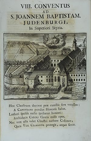 Bild des Verkufers fr VIII. Conventus ad S. Johannem Baptistam. Judenburgi, in Superiori Styria. Kupferstich v. F. L. Schmitner aus Placidus Herzog "Cosmographia Austriaco - Franciscana" Kln 1740, 15 x 18 cm (auf vollem Textblatt 32 x 20 cm) zum Verkauf von Antiquariat Johannes Mller