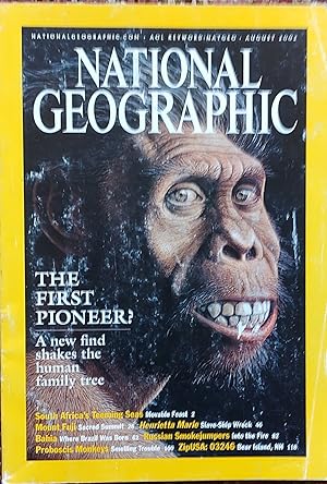 Seller image for National Geographic Magazine, August, 2002 / "The First Pioneer? A new find shakes the human family tree;" "South Africa's Teeming Seas;" "Mount Fuji;" "Henrietta Marie: Slave-ship wreck;" "Bahia;" "Russian Smokejumpers;" "Proboscis Monkeys" for sale by Shore Books