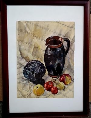 Krug mit Früchten - (Aquarell im Holzrahmen, unter Glas / signiert, 1960)