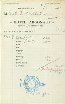 Receipt from the Hotel Argonaut, Fourth & Market (San Francisco, CA) paid by Col. T. Wilhelm, Jun...