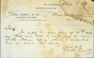 Memorandum: Receipt Involving Purchase of Lumber, from Doe, Kimball & Co. Aug. 5, 1885.