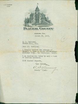 Typed Letter Signed by A. S. Fleming, Clerk of Placer County to E. A. Garrison, 1922.
