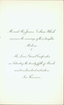 Mr. and Mrs. James Norburn Block announce the marriage of their daughter Medora to Mr. Louis Gran...