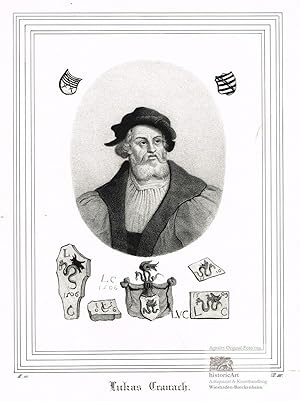 Lukas Cranach. Brustbild im Mantel mit Malerhut und den von ihm verwendeten Stecher-Signets. Krei...