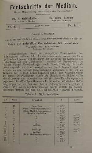 Imagen del vendedor de Ueber die moleculre COncentration des Schweisses, in: Fortschritte der Medicin [Medizin], Bd. 19, Nr. 21 (15. Juli 1901). a la venta por Antiquariat Bookfarm