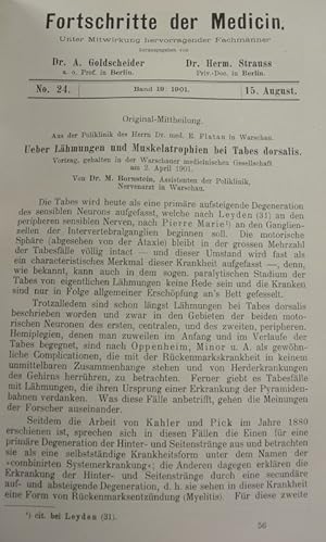 Imagen del vendedor de Ueber Lhmungen und Muskelatrophien bei Tabes dorsalis, in: Fortschritte der Medicin [Medizin], Bd. 19, Nr. 24 (15. August 1901). a la venta por Antiquariat Bookfarm