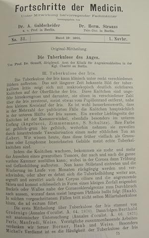 Imagen del vendedor de Die Tuberkulose des Auges. III. Tuberkulose der Iris, in: Fortschritte der Medicin [Medizin], Bd. 19, Nr. 31 (1. Nov. 1901). a la venta por Antiquariat Bookfarm