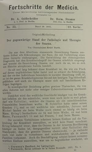 Imagen del vendedor de Der gegenwrtige Stand der Pathologie und Therapie der Ozaena, in: Fortschritte der Medicin [Medizin], Bd. 19, Nr. 33 (22. Nov. 1901). a la venta por Antiquariat Bookfarm