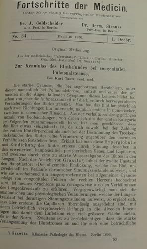 Imagen del vendedor de Zur Kenntniss des Blutbefundes bei congenitaler Pulmonalstenose, in: Fortschritte der Medicin [Medizin], Bd. 19, Nr. 34 (1. Dez. 1901). a la venta por Antiquariat Bookfarm