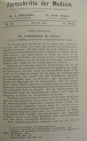 Imagen del vendedor de Die Verdaulichkeit der Speisen, in: Fortschritte der Medicin [Medizin], Bd. 19, Nr. 35 (15. Dez. 1901). a la venta por Antiquariat Bookfarm