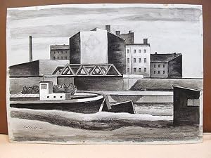 Bild des Verk�ufers f�r Kanal mit Schiff und Br�cke, hinten Geb�ude, wohl in Berlin-Neuk�lln. Schwarz-wei�e Tuschzeichnung auf leicht bl�ulichem Papier, links unten mit *Kohlhoff (19)69 * signiert und datiert. zum Verkauf von Antiquariat Friederichsen e. K.