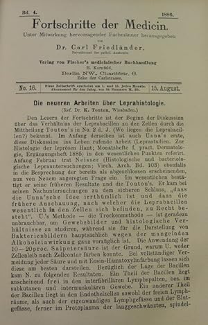 Imagen del vendedor de Die neueren Arbeiten ber Leprahistologie, in: Fortschritte der Medicin [Medizin], Bd. 4, Nr. 16 (15. Aug. 1886). a la venta por Antiquariat Bookfarm