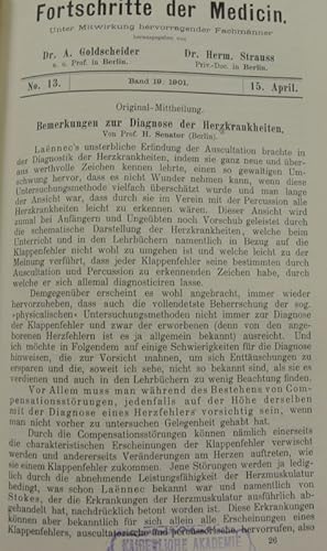 Imagen del vendedor de Bemerkungen zur Diagnose der Herzkrankheiten, in: Fortschritte der Medicin [Medizin], Bd. 19, Nr. 13 (15. Apr. 1901). a la venta por Antiquariat Bookfarm