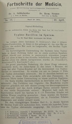 Imagen del vendedor de Typhus-Bacillen im Sputum, in: Fortschritte der Medicin [Medizin], Bd. 19, Nr. 14 (22. Apr. 1901). a la venta por Antiquariat Bookfarm