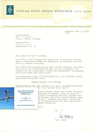 Maschinengeschriebener Brief mit Unterschrift. Bewerbung von Neuerscheinungen des Kurt Desch Verlag.