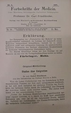 Seller image for Studien ber Emigration, in: Fortschritte der Medicin [Medizin], Bd. 5, Nr. 10 (15. Mai 1887). for sale by Antiquariat Bookfarm