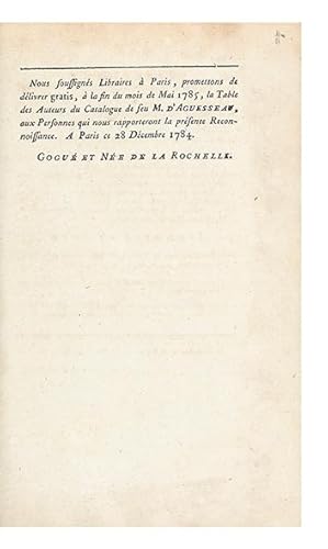 Catalogue des Livres imprimés et manuscrits, de la Bibliothèque de feu Monsieur d'Aguesseau, Doye...