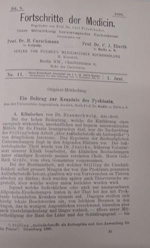 Imagen del vendedor de Bein Beitrag zur Kenntnis des Pyoktanin, in: Fortschritte der Medicin [Medizin], Bd. 8, Nr. 11 (1. Juni 1890). a la venta por Antiquariat Bookfarm