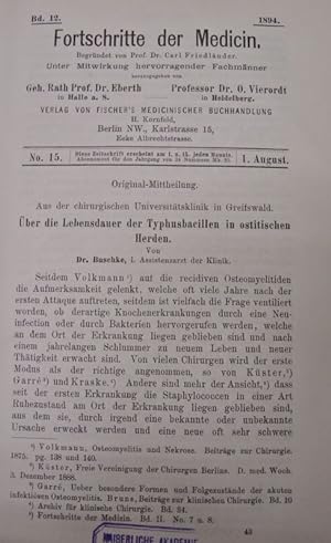 Immagine del venditore per ber die Lebensdauer der Typhusbacillen in ostitischen Herden, in: Fortschritte der Medicin [Medizin], Bd. 8, Nr. 15 (1. Aug. 1890). venduto da Antiquariat Bookfarm