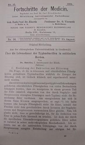 Immagine del venditore per ber die Lebensdauer der Typhusbacillen in ostitischen Herden (Schluss), in: Fortschritte der Medicin [Medizin], Bd. 8, Nr. 16 (15. Aug. 1890). venduto da Antiquariat Bookfarm