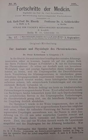 Imagen del vendedor de Zur Anatomie und Physiologie des Phreniscuskernes, in: Fortschritte der Medicin [Medizin], Bd. 16, Nr. 17 (1. Sept. 1898). a la venta por Antiquariat Bookfarm