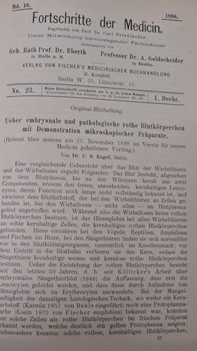 Image du vendeur pour Ueber embryonale und pathologische rothe Blutkrperchen mit Demonstration mikroskopischer Prparate, in: Fortschritte der Medicin [Medizin], Bd. 16, Nr. 23 (1. Dez. 1898). mis en vente par Antiquariat Bookfarm