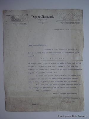 Maschinenschriftl. Brief mit Briefkopf der Treptow-Sternwarte. Ankündigung der Zeitschrift "Das W...