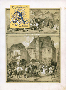 Der Überfall Reiter Pferde Planwagen - Original Lithographie von 1856